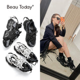 BeauToday Chunky Sneakers Women Mesh Leather Patchwork Double Lace-Up Platform Sole Casual Ladies Shoes Handmade 29393