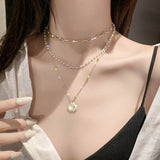 Christmas Gift Fashion Butterfly Crystal Pearl Pendant Necklace Statement Clavicle Pearl Chain Layered Necklace Trend Butterfly Collar Jewelry