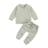 Murioki 2Pcs Newborn Infant Baby Girls Boys Solid Color Outfits Infant Long Sleeve Round Neck Pullover Side Pockets Drawstring Trousers