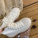 QWEEK Women's White High Sneakers Canvas Shoes Sports Flat Platform Running Rubber Sole Casual Anime Korean Vulcanize Spring