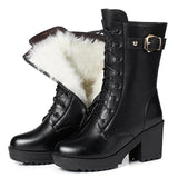 Women's Winter Boots High Heels Black Leather Booties Velvet Fur Boots Warm Square Heel Shoes Mid Calf Botas 34-41 Size
