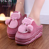 Ladies Cotton Shoes 2020 Autumn Winter Warm Cute Cat Pearl Platform Female Shoes Fashion Thick Bottom Indoor Women's Slippers