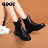 GOGC Chelsea Boots Chunky Boots Women Winter Shoes Cowhide Plush Ankle Boots Black Female Autumn  Fashion Platform Boots G9019