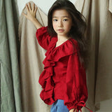 Murioki Girls Shirts Kids Winter Clothes 2022 Autumn Long-Sleeve Red Blouses Cotton Shirts Girls V-Neck Tees Children Clothing Tops