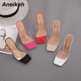 Graduation Shoes 2022 New Women's Shoes Summer PVC Transparent High Heel Slippers Fashion Slides Party Shallow Square Toe Solid Concise