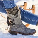 Autumn Winter Shoes Vintage Flat Lace Up Shoes Snow Boots Knitting Patchwork Female Mid Calf Boots Woman Zapatos De Mujer