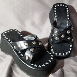 MURIOKI Summer 2022 Double Strap Buckles  Platform Wedges Fashion Goth Slippers Hot Women's Matal  Sandal For Comfy  Black Shoes