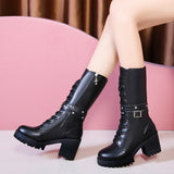 Hot 2020 Spring Autumn Boots Women Fashion Black Square Heel Woman Leather Shoes Winter PU Large Size 41 Mid-calf