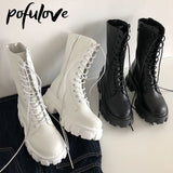 Pofulove Platform Boots Women Shoes White Black Leather Booties Ankle Boots Lace Up Combat Boots Flat Punk Goth Winter Autumn