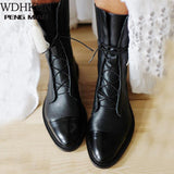 New SHENGY Patent Leather British Style Flat Boots Black Pointed Toe Boots Handsome Motorcycle Boots Women's Boots