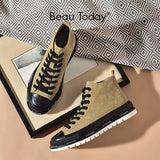 BeauToday High Top Sneakers Women Suede Leather Canvas Round Toe Lace Up Platform Ladies Casual Flat Shoes Handmade 29048