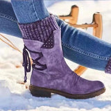 Autumn Winter Shoes Vintage Flat Lace Up Shoes Snow Boots Knitting Patchwork Female Mid Calf Boots Woman Zapatos De Mujer