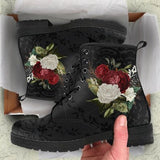 Murioki Autumn New leather Rose Dragon Embroidered Martin boots Fashionable Flat lace-up Short boots women shoes Big size 35-43
