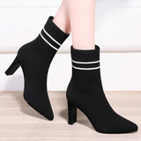 Sexy Knitting Boots High Heels Dress Shoes 2020 New Pointed Toe Fashion Booties Black Striped Stretch Fabric Botas Mujer