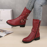 Murioki 2022 Mid-Calf Boots Plus Size 43 Women Buckle Goth Boots Female Low Square Heel Zipper Leather Flat Shoes Red Black Grey Boots