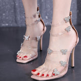 Graduation Shoes Women Square Toe High Heel Sandals Party Shoes Three Color Clear Acrylic Butterfly Design 2022 womens shoes