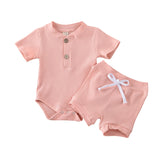 Pydcoco US Stock 0-24M 2PCS 3 Colors Kid Baby Boy Girl Clothes  Set Knitting Short Sleeve Bodysuit Shorts Outfits Summer Set