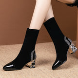 MURIOKI comemore Slim Short Boots Woman Mid Calf Boot Elastic Fabric Rhinestone Square Heel Women's Winter Shoes Black Female Footware