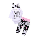 Murioki 3Pieces Newborn Baby girl clothes sets Letter printed Hello World Tops Romper+Floral Pants+Hat Infant baby girl clothing outfits