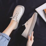 Pofulove Square Toe Shoes for Women White Leather Shoes Fashion Design Girls Sneakers Tenis Vulcanize Shoes Zapatos Woman Flats