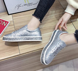 Women Glitter Flat Sneakers Casual Female Mesh Lace Up Bling Platform Comfortable Plus Size Vulcanized Shoes Knitting
