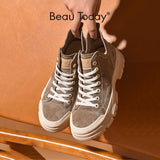 BeauToday Casual Sneakers Women Suede Leather Round Toe Lace-Free High Top Ladies Retro fashion Flat Shoes Handmade 29575