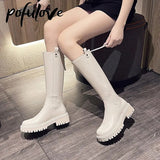 Pofulove Thigh High Flat Boots Women Shoes Black Gothic Shoes White Leather Boots Platform Shoes Chelsea Boots Knee-high Botas