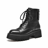 BeauToday Platform Ankle Boots Women Cow Leather Round Toe Lace-Up Side Zipper Punk Style Female Chunky Sole Shoes 04434