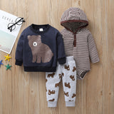 3PCS Infant Baby Boy Girl Clothes Set 2022 Spring Fall Animals Floral Warm Hooded Coat+Romper+Pants Newborn Baby Clothing Outfit