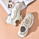 BeauToday Women Chunky Sneakers Synthetic Leather Mesh Patchwork Round Toe Lace-Up Thick Sole Ladies Breathable Shoe 29402