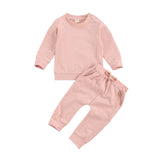 2Pcs Newborn Infant Baby Girls Boys Solid Color Outfits Infant Long Sleeve Round Neck Pullover Side Pockets Drawstring Trousers