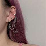 Christmas Gift Punk Rock Silver Color Unisex Bead Chain Integrated Long Pendant Ear Bone Clip Earrings Cool Egirl Woman's Men Party Jewelry
