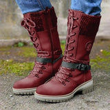 Fashion Brand Winter Mid Calf Boots Women Round Toe Square High Heel Snow Boots Lace Up String Warm Shoes 2021 New