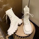 Punk Gothic Platform Boots Women Beige Black Sock Boots 2021 New Sexy Lace Up Black PU Leather Combat Mid-Calf Boots Chunky Heel