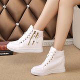 Women Wedge Platform Rubber Brogue Leather Lace Up High Heel 6 Cm Shoes Pointed Toe Increasing Creepers White Sneakers Zipper