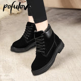 Pofulove Women Boots Winter Black Botas for Girl Ankle Lace Up Thick Plush Warm Sonw Boots Casual Shoes Zapatos De Mujer New