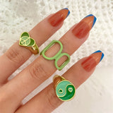 Christmas Gift Vintage 6Pcs Green Embrace Hands Rings Set For Women Metal Paint Coating Creative INS Style Love Heart Ring Fashion Jewelry