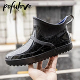 Pofulove Slip on Rain Boots Men PVC Waterproof Ankle Boots Work Shoes for Boy Male Fashion Non-slip Water Shoes Anti Skid 36-44