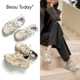 BeauToday  Platform Sneakers Women Synthetic Leather Chunky Shoes Round Toe Lace-Up Fashion Ladies Trainers Handmade 29408