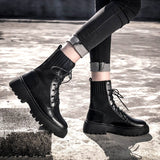 Pofulove Women Goth Boots Black PU Leather Punk Motorcycle Martin Boots Fashion Platform Chunky Woman Shoes Winter Autumn Zapato