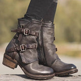Murioki 2022 Women Shoes Motorcycle Boots Autumn Platform Low Square Heel Round Toe Ankle Buckle Handmade Sewing Punk Cool Ladies Female