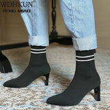 Sexy Knitting Boots High Heels Dress Shoes 2020 New Pointed Toe Fashion Booties Black Striped Stretch Fabric Botas Mujer