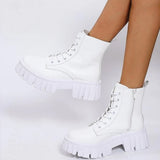 MURIOKI Female Motorcycle Boots For Women Round Toe Platform Chunky Heel Fashion Ankle Boots Med Calf White women's Shoes Woman Lace Up