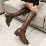 Murioki Pu Leather Western Cowboy Long Boots Women Autumn Winter Pointed Toe Knee High Boots Woman Brown Squre Heels Botas Shoes