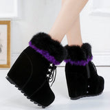 Murioki Crystal Lace Up Fluffy Fur Ankle Boots Women Super High Heels Wedges Snow Boots Winter Warm Plush Plaform Shoes Woman