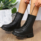 Murioki Women Motorcycle Boots Wedges Flat Shoes Woman High Heel Platform PU Leather Boots Lace Up Women Shoes Black Boots Girls