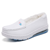 Murioki Winter New Woman Nurse Flat Shoes Fashion White Slip on Comfort Moccains Shoes Warm Plush Loafers Women Wedge Platform Sneakers