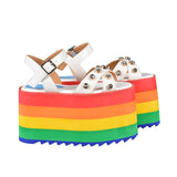 Rainbow Platform Sandals Women Summer Rhinestone Studded Sandals Thick Bottom Colorful Sole Wedge Shoe Female Peep Toe Sandalias